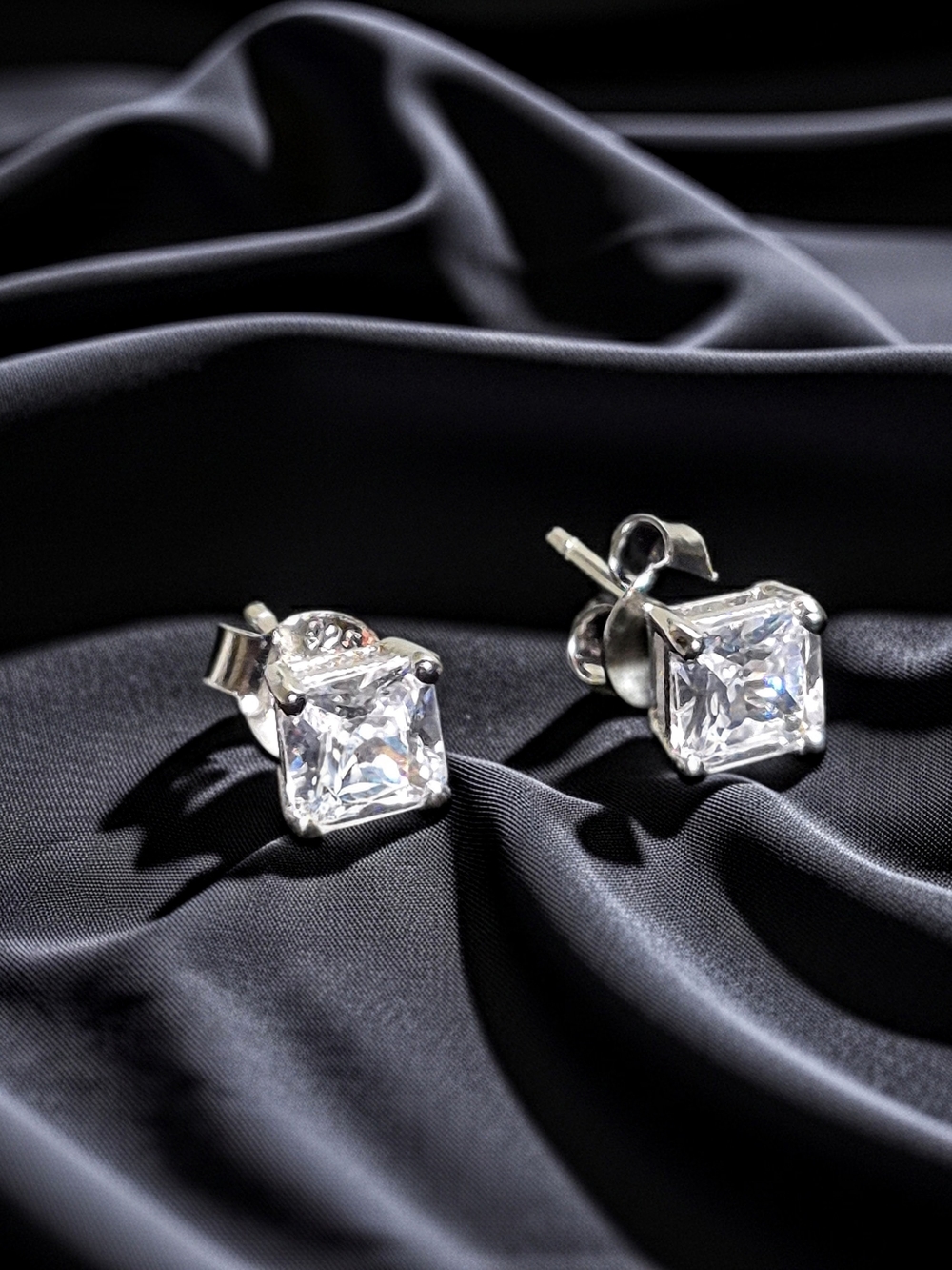 Sterling Silver Square Cubic Zirconia Stud Earrings - Clear